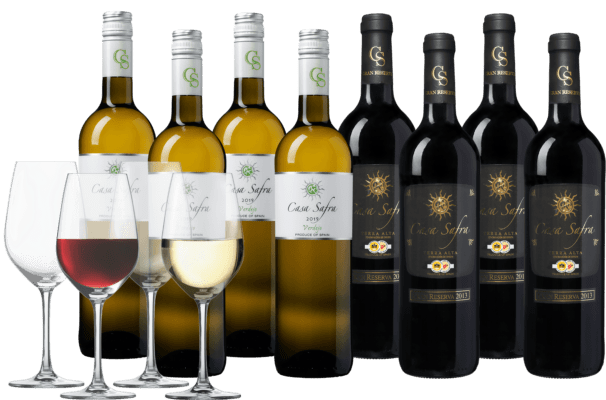 Wijnpakket Casa Safra rood en wit 8 flessen + 4 glazen